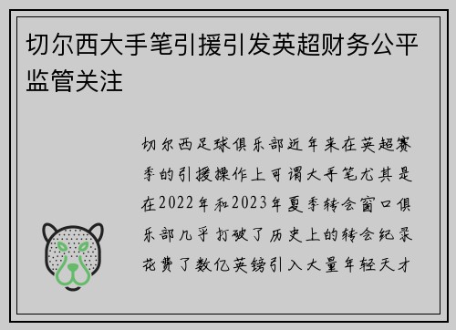 切尔西大手笔引援引发英超财务公平监管关注